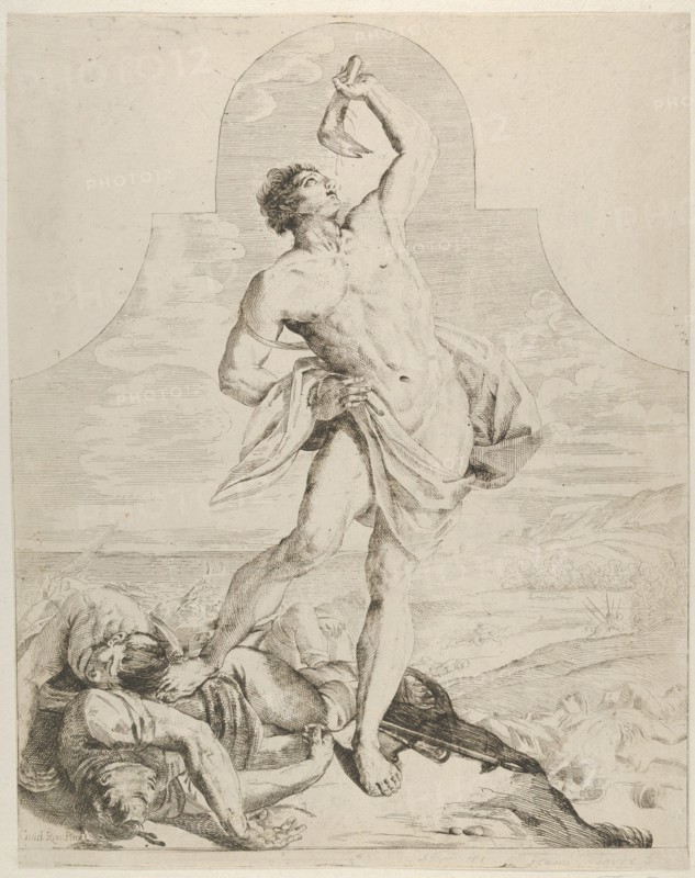 Samson holding the jaw bone of an ass over his head and standing next to the Philis...