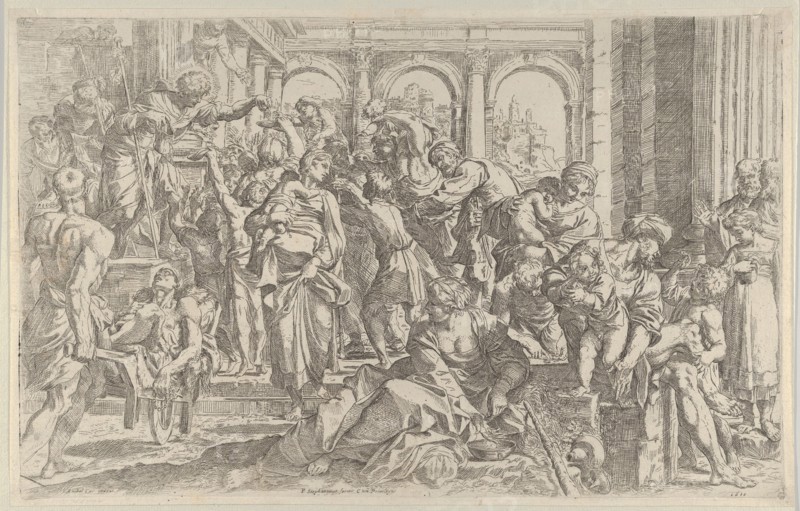 Saint Roch at left distributing alms to a group of people gathered around him
