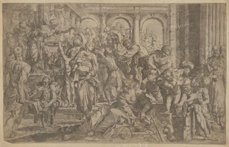 Saint Roch at left distributing alms to a group of people gathered around him