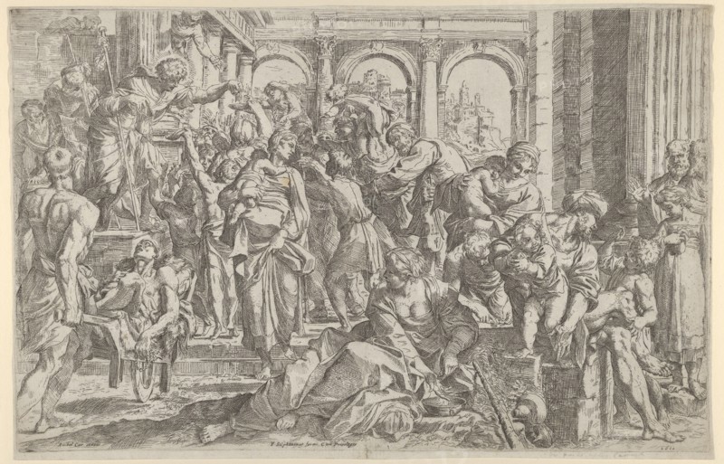 Saint Roch at left distributing alms to a group of people gathered around him