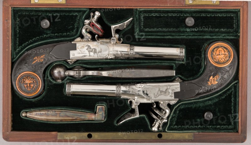 Cased Pair of Double-Barreled Turn-Off Flintlock Pistols