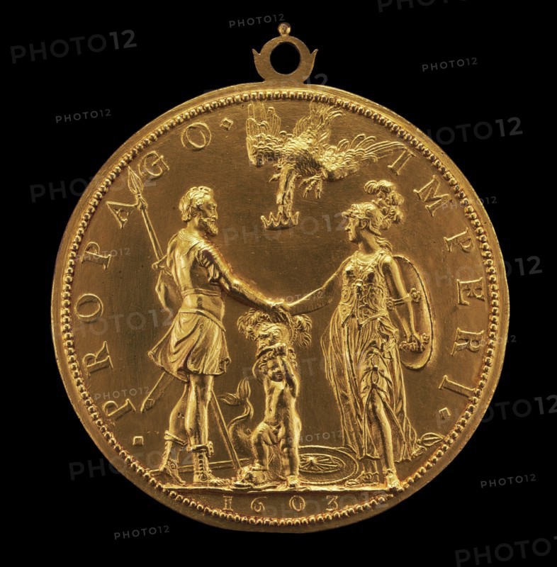 Louis XIII as Dauphin between Henri IV as Mars and Marie as Pallas Athena [reverse], 1603.