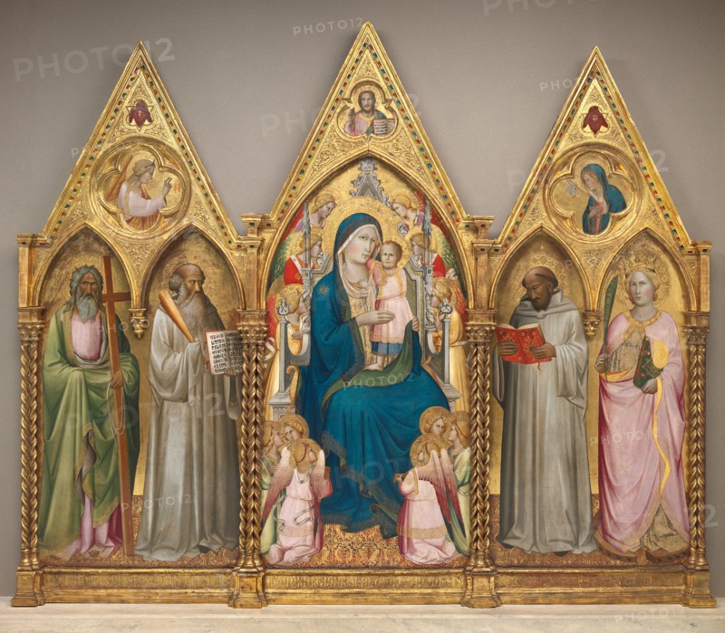 Madonna and Child with Saints Andrew, Benedict, Bernard, and Catherine of Alexandria with Angels [entire triptych], shortly before 1387.