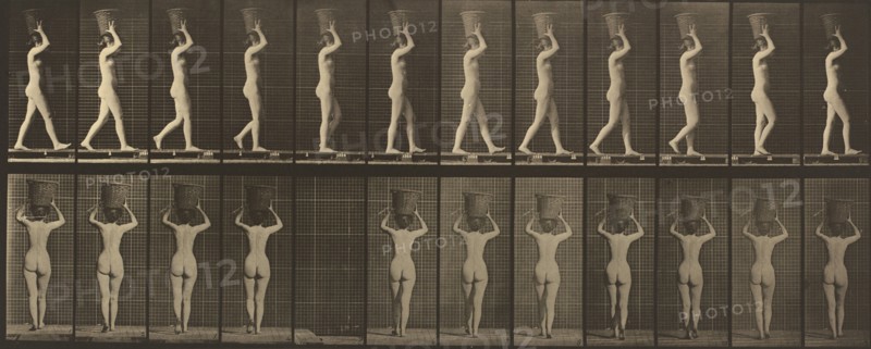 Plate Number 34. Walking and carrying a 15-lb. basket on head, hands raised, 1887.