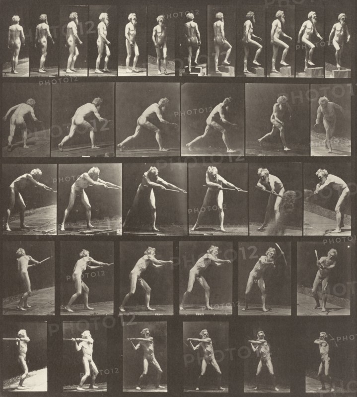 Plate Number 521. A: Walking. B: Ascending a step. C: Throwing the disk. D: Using a shovel. E, F: Using a pick, 1887.