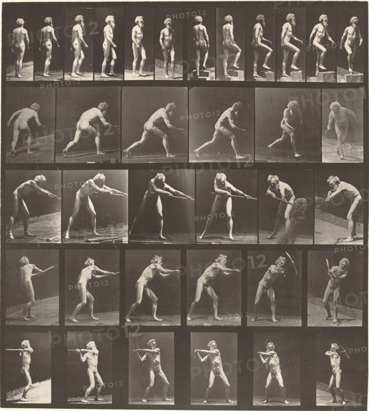 Plate Number 521. A: Walking. B: Ascending step. C. Throwing disk. D: Using shovel. E, F. Using pick, 1887.