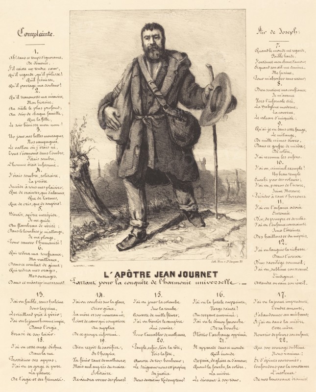 The Apostle Jean Journet Setting Out for the Conquest of Universal Harmony, 1850. surrounded by verses to be sung by the reader as a moralizing call to change.
