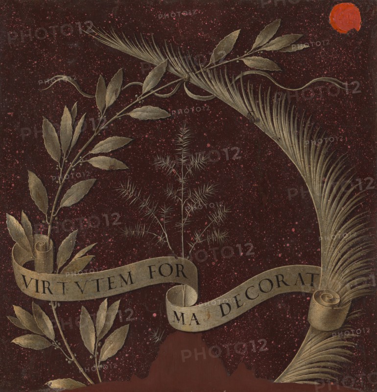 Wreath of Laurel, Palm, and Juniper with a Scroll inscribed Virtutem Forma Decorat [reverse], c. 1474/1478.