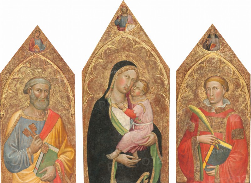 Madonna and Child with the Blessing Christ, and Saints Peter, James Major, Anthony Abbott, and a Deacon Saint [entire triptych], c. 1415/1420.