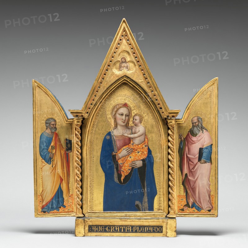 Madonna and Child, with Saints Peter and John the Evangelist, and Man of Sorrows [entire triptych], c. 1360.