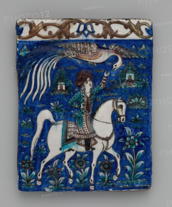 Tile with an Image of a Prince on Horseback, Iran, second half 19th century. Man on horseback with his hand extended toward Huma, the fabulous bird, embodiment of health and strength,