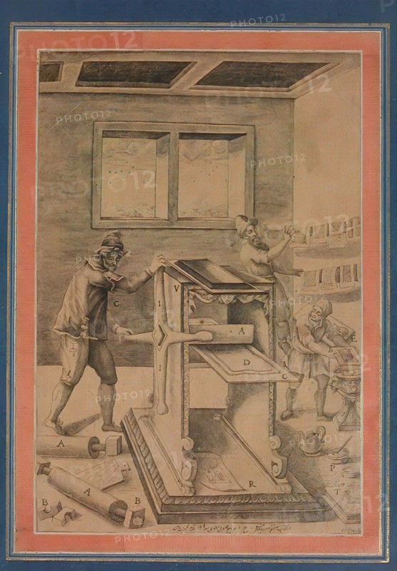 Copper Plate Printers at Work, Folio from the Davis Album, Iran, dated A.H. 1199/A.D. 1784-85. Copy of a printed illustration in the book Novo teatro di machine e edificii by Vittorio Zonca, published in Padua in 1607.