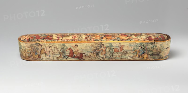 Pen Box (Qalamdan) Depicting Shah Isma'il in a Battle against the Uzbeks, Iran, early 19th century. Possibly made by  master court painter Mirza Baba (active 1780s-1810), possibly the Battle of Chaldiran of 1514.
