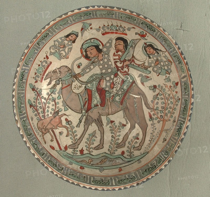 Bowl, Iran, 12th-13th century. Bahram Gur, riding a camel with one of his slaves, Azadeh playing a harp.