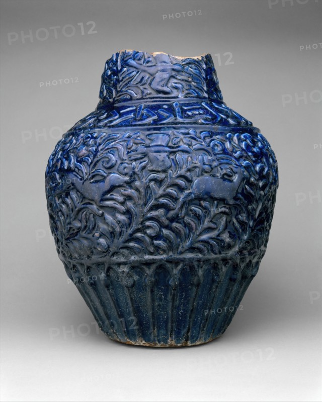 Large Jar, Iran, dated A.H. 681/A.D. 1282-83. Verses read: "Tumultuous air and boiling earth; Joyous is he whose heart is happy. Drink!"