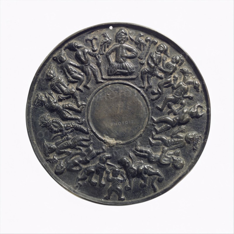 Mirror, Northwestern Iran or Turkey, 12th-13th century. Scene interpreted as Solomon and his demons.