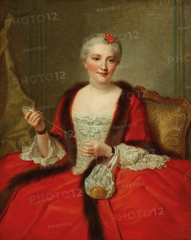 Portrait of an elegant lady, holding a weaving shuttle, 1751. Private Collection.