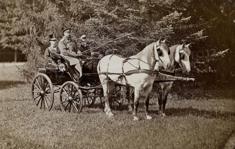 Emperor Alexander III (1845-1894) and Empress Maria Fyodorovna (1847-1928) on a horse carriage. Private Collection.