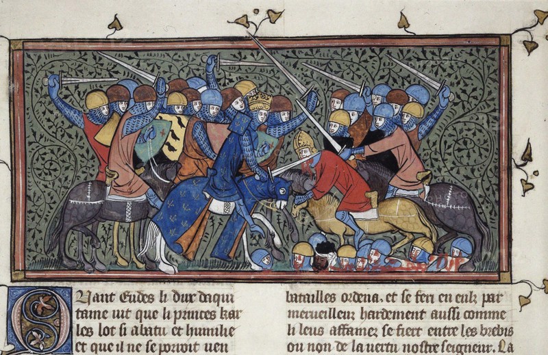 Charles Martel at the Battle of Tours. Miniature from Les Grandes chroniques de France (Royal 16 G VI), ca 1332-1350 . Found in the collection of British Library.