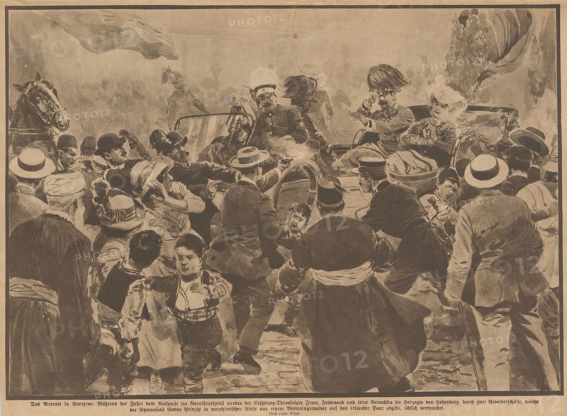 The Assassination of Archduke Franz Ferdinand of Austria and his wife in Sarajevo, 28th June 1914, 1914. Private Collection.