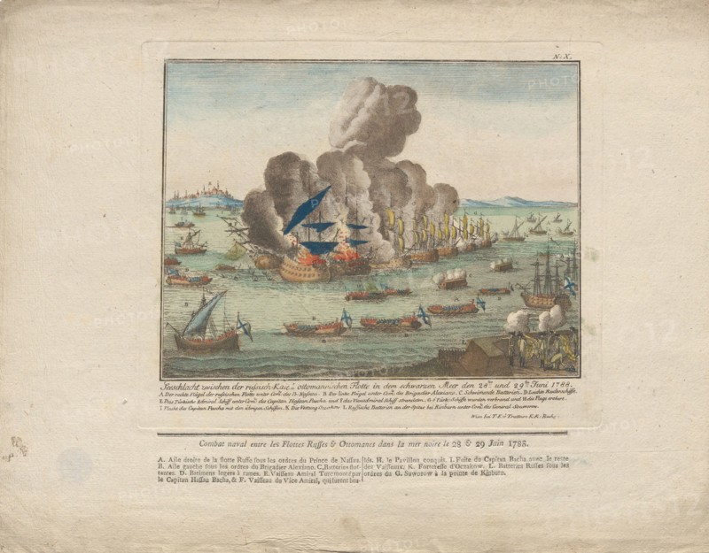 Naval battle between the Russian and Ottoman fleet in the Black Sea on June 28 and 29, 1788, 1788. Private Collection.