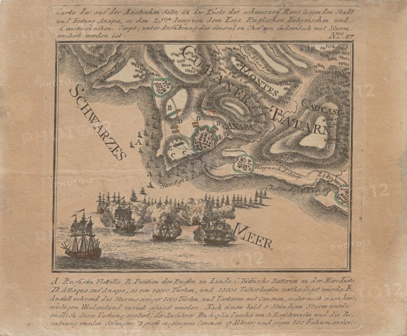 Map of the capture of the sea fortress Anapa by Russian troops on the Black Sea in June 1791, 1791. Private Collection.