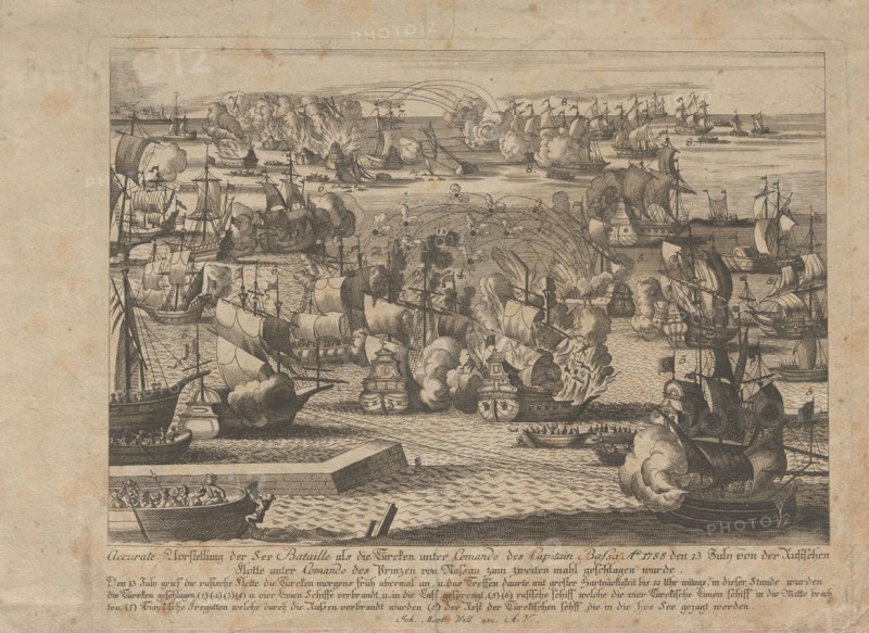 Naval battle between the Russian and Ottoman fleet on July 13, 1788, 1788. Private Collection.
