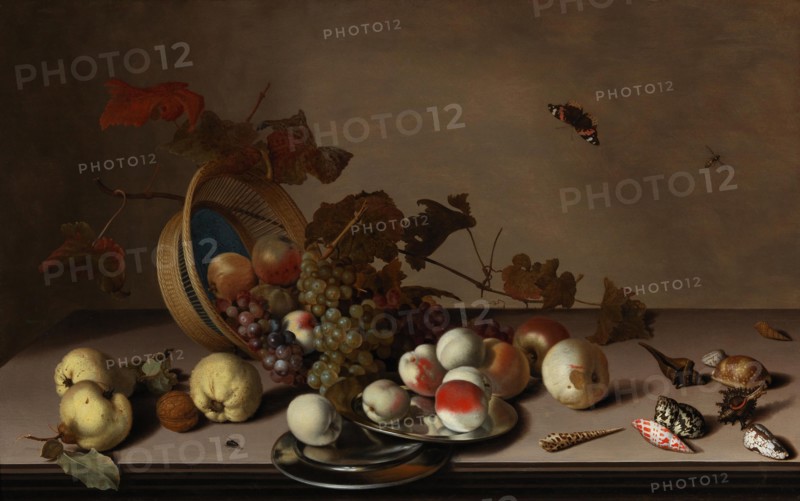 Fruit still life with wicker basket, mussels and butterfly, First Half of 17th cen. Private Collection.