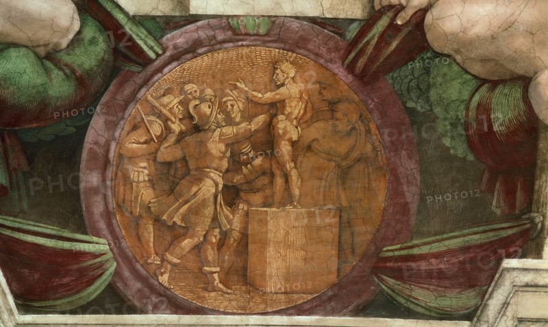 Medallion represents the Destruction of the Statue of the God Baal (Sistine Chapel ceiling in the Vatican), 1508-1512. Found in the collection of The Sistine Chapel, Vatican.