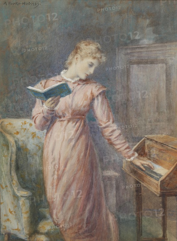 A lady reading while playing the spinet. Private Collection.