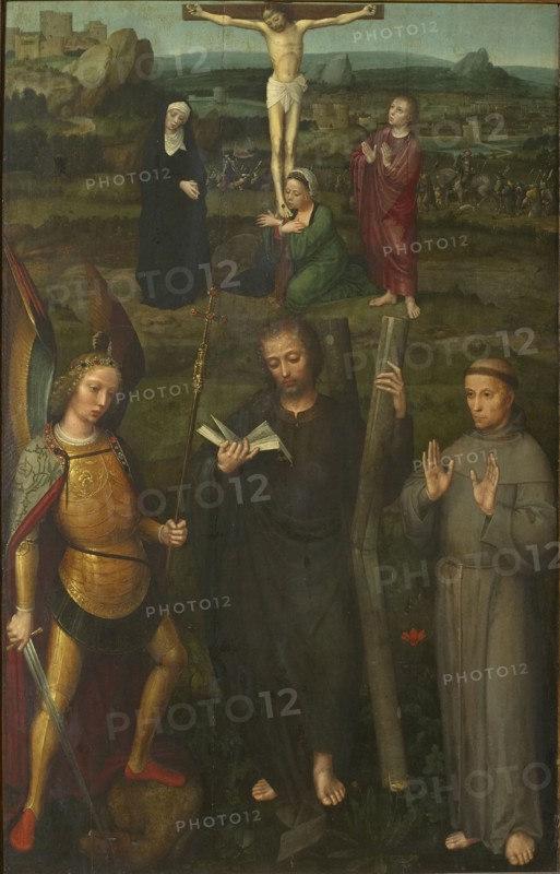 The Crucifixion with Saints Michael the Archangel, Andrew, and Francis of Assisi , c. 1510. Found in the collection of Szepmuveszeti Muzeum, Budapest.