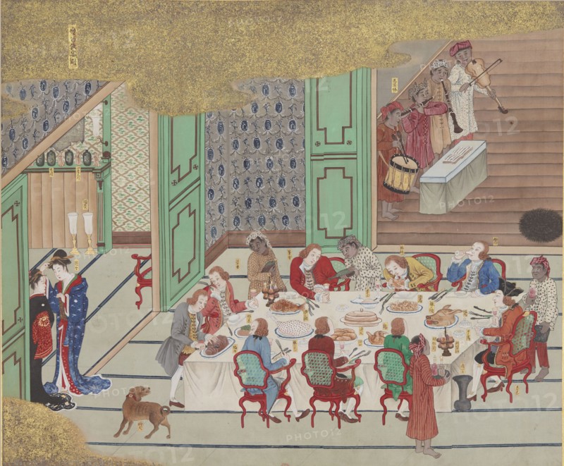 Dutch banquet, Nagasaki (Christmas Eve), from Bankan-zu, 1797. Found in the collection of Bibliothèque Nationale de France.