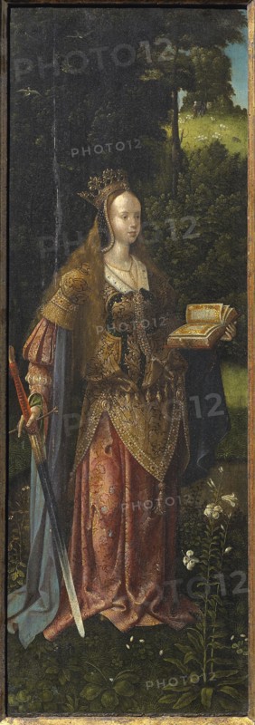 Saint Catherine. Holy Family with Angels and Saints Catherine and Barbara (Triptych), First quarter of 16th cen. Private Collection.