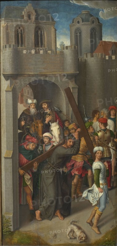 Calvary Triptych: Christ Carrying the Cross, left wing, 1480s. Found in the collection of Szepmuveszeti Muzeum, Budapest.