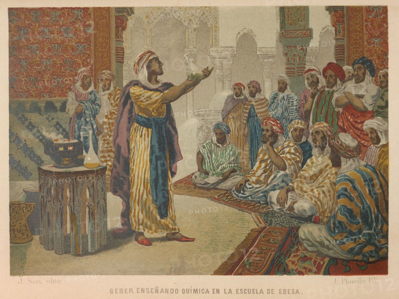 Geber teaching chemistry at the School of Edessa. From: La ciencia y sus hombres, 1879. Private Collection.