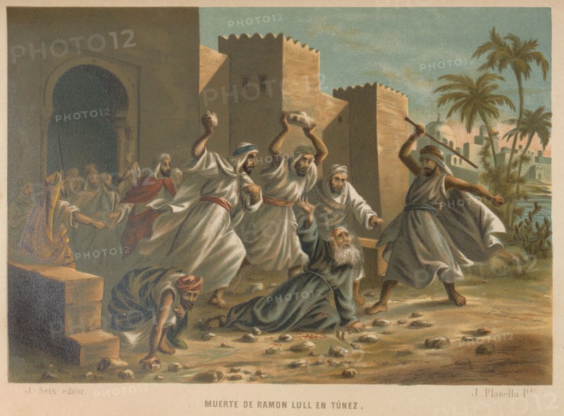 Death of Ramon Llull. From: La ciencia y sus hombres, 1879. Private Collection.