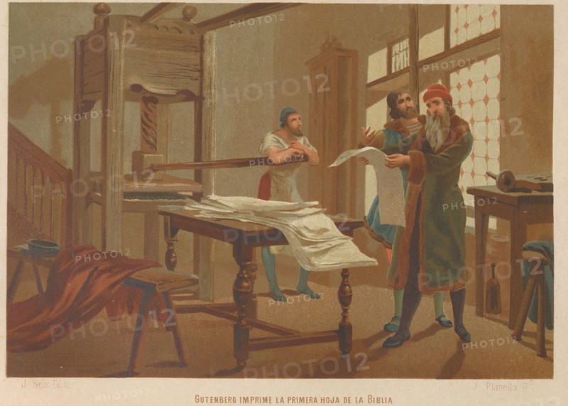 Gutenberg prints the first page of the Bible. From: La ciencia y sus hombres, 1879. Private Collection.