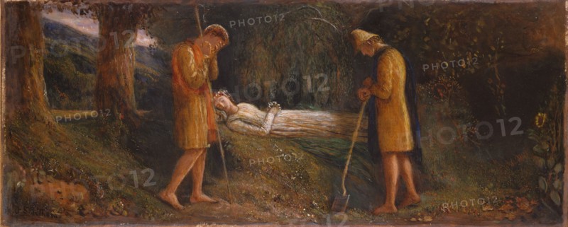 Imogen and the Shepherds 1860-1870. An illustration of Cymbeline Act IV, sc ii. The brothers Guiderius and Arveragus mourning over Imogen. This painting was part of a collection of 8 works including 5 drawings by Rossetti bequeathed to 5 public collections through the Art Fund in 1947.