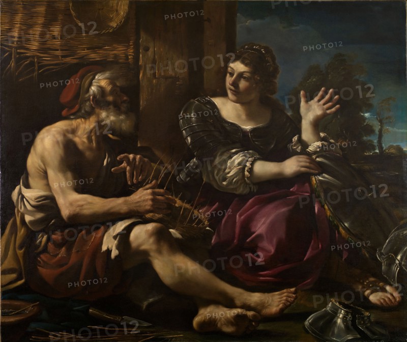 Erminia and the Shepherd, 1619-20. The scene is taken from Torquato Tasso's epic poem, La Gerusalemme Liberata published in 1575. Erminia, a pagan princess in love with the crusader, Tancred, disguises herself in armour to follow him. She is chased from the Christian camp and flees to Arcadia where she meets an old shepherd weaving baskets. The reversal of gender roles was a popular theme amongst the playwrights of the period.