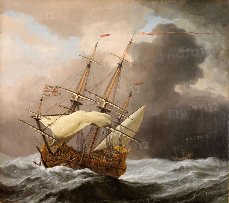 The English Ship Hampton Court in a Gale, 1678-80. Willem Van de Velde the Younger was a the Dutch marine painter. He emigrated to England with his father in 1674, both were employed in the service of King Charles II. The accurate depiction of the ship enabled it to be identified as the seventy-gun galleon HMS Hampton Court built for the King's first naval fleet. A drawing of the Hampton Court by Willem the Elder (1611-1693) is in the collection of the National Maritime Museum, London.