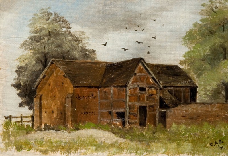 Sheepcote Barn Chapel House Farm, 1891. In pencil on the back: 'Marston Green/Sheepcote Barn/ August 1891'.