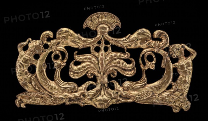 Ornamental appliqué with tritons, dolphins, and seed-pods, possibly late 15th century.