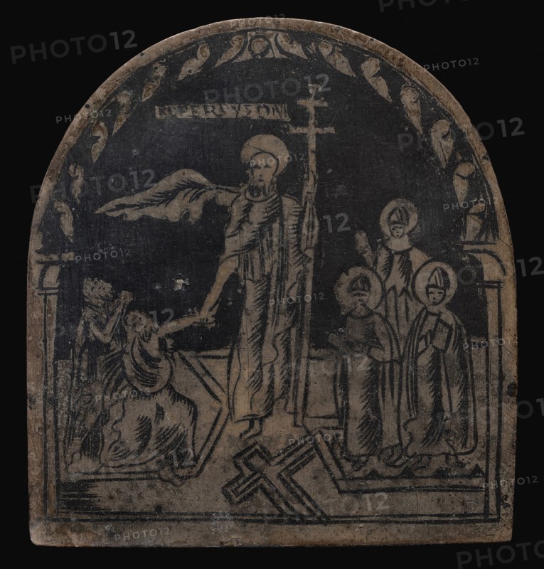 Standing Haloed Figure with Double Cross; At Right, Three Bishop Saints.