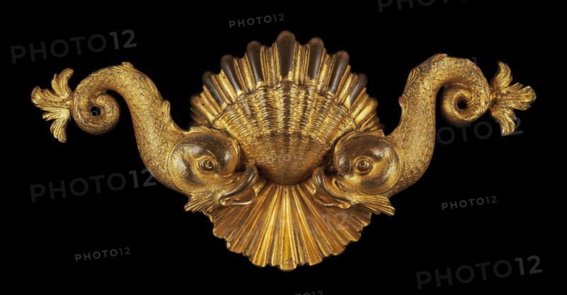 Appliqué in the Form of Paired Dolphins on a Scallop Shell, 16th century.