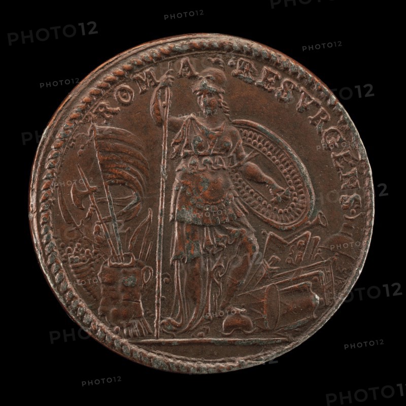 Allegory with the Figure of Roma, as Minerva, Standing Armed amid Trophies [reverse], 1591.