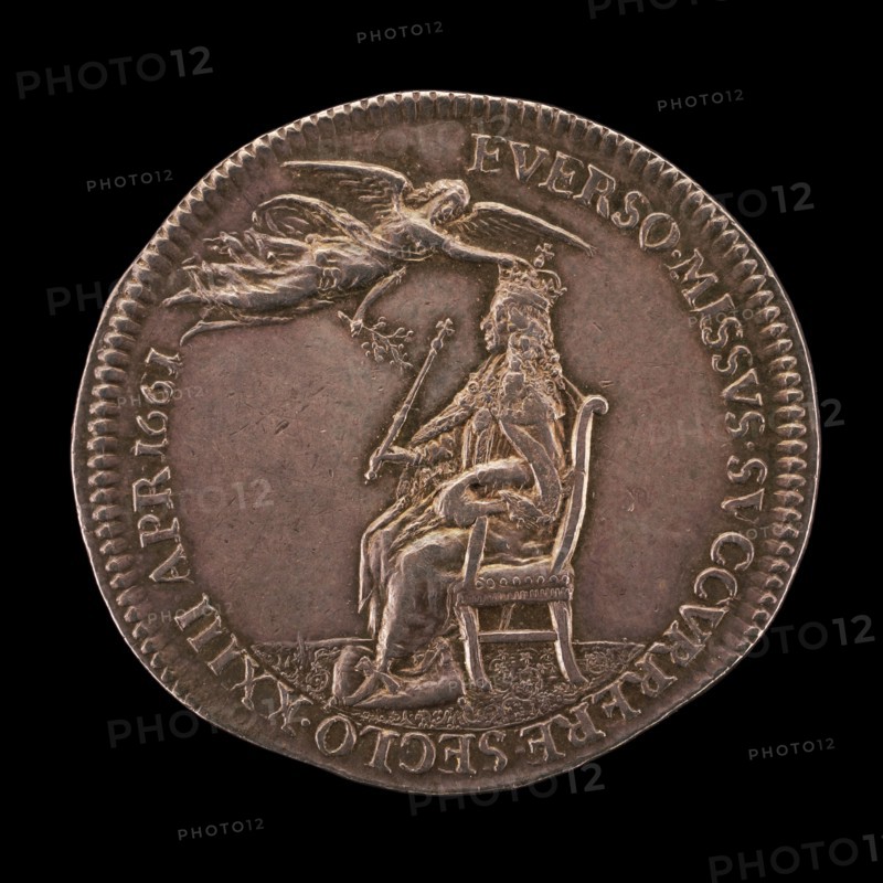 King Charles II Enthroned, being Crowned by Peace [reverse], 1661.