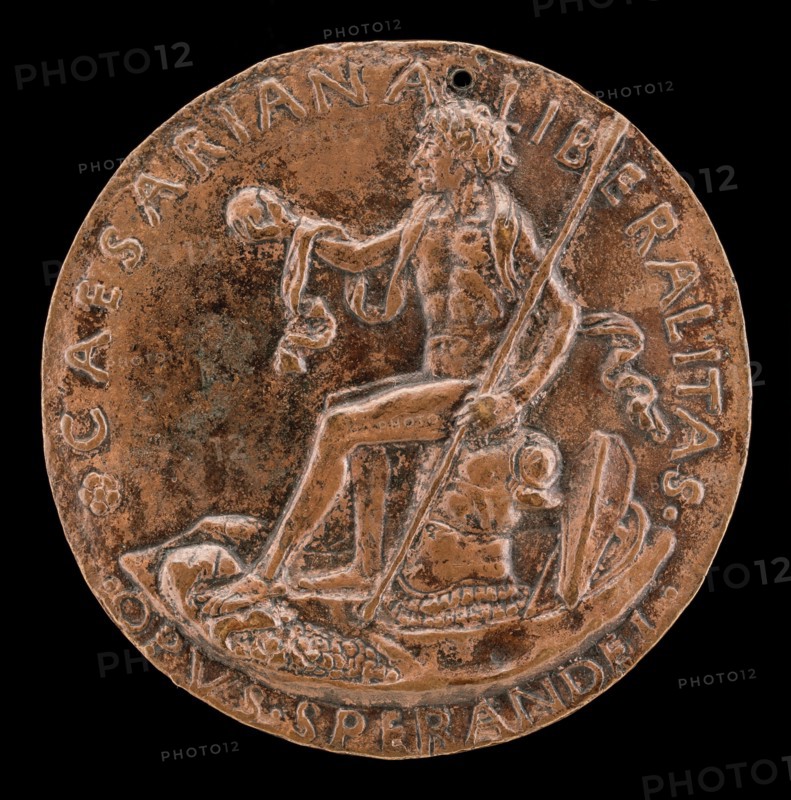 Figure Seated on a Cuirass, Holding a Globe and Spear [reverse], c. 1462.