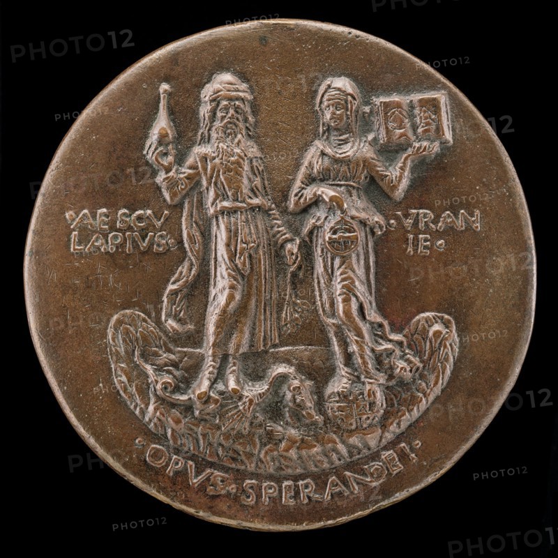 Aesculapius, Standing on a Dragon, and Urania on a Globe [reverse], c. 1472.