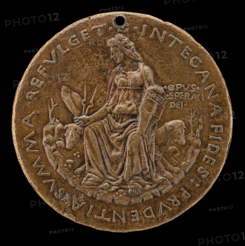 Prudence Seated on Two Hounds Holding Manfredi Shield [reverse], c. 1463.