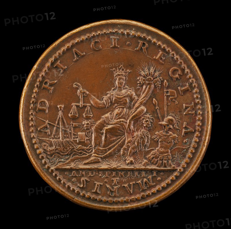 Venice Crowned Holding Cornucopiae and Scales, Galley and Arms [reverse], 1539.